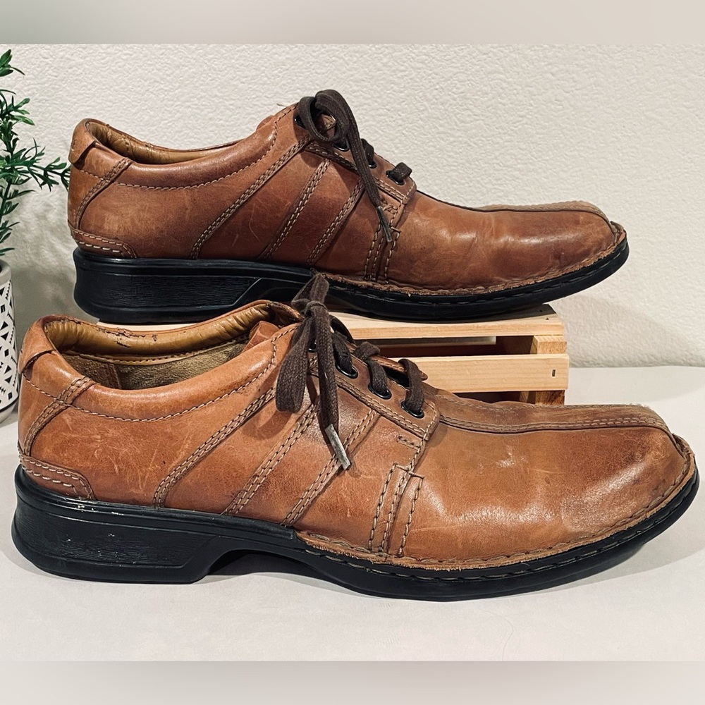 Clarks Touareg Vibe Lt Brown Leather Casual Lace Up Oxford Shoes Men's Size 10